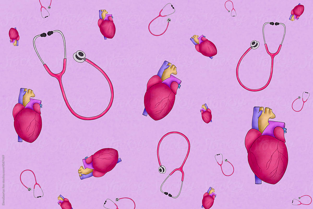 Repeating pattern of hearts and \
stethoscopes. Illustration