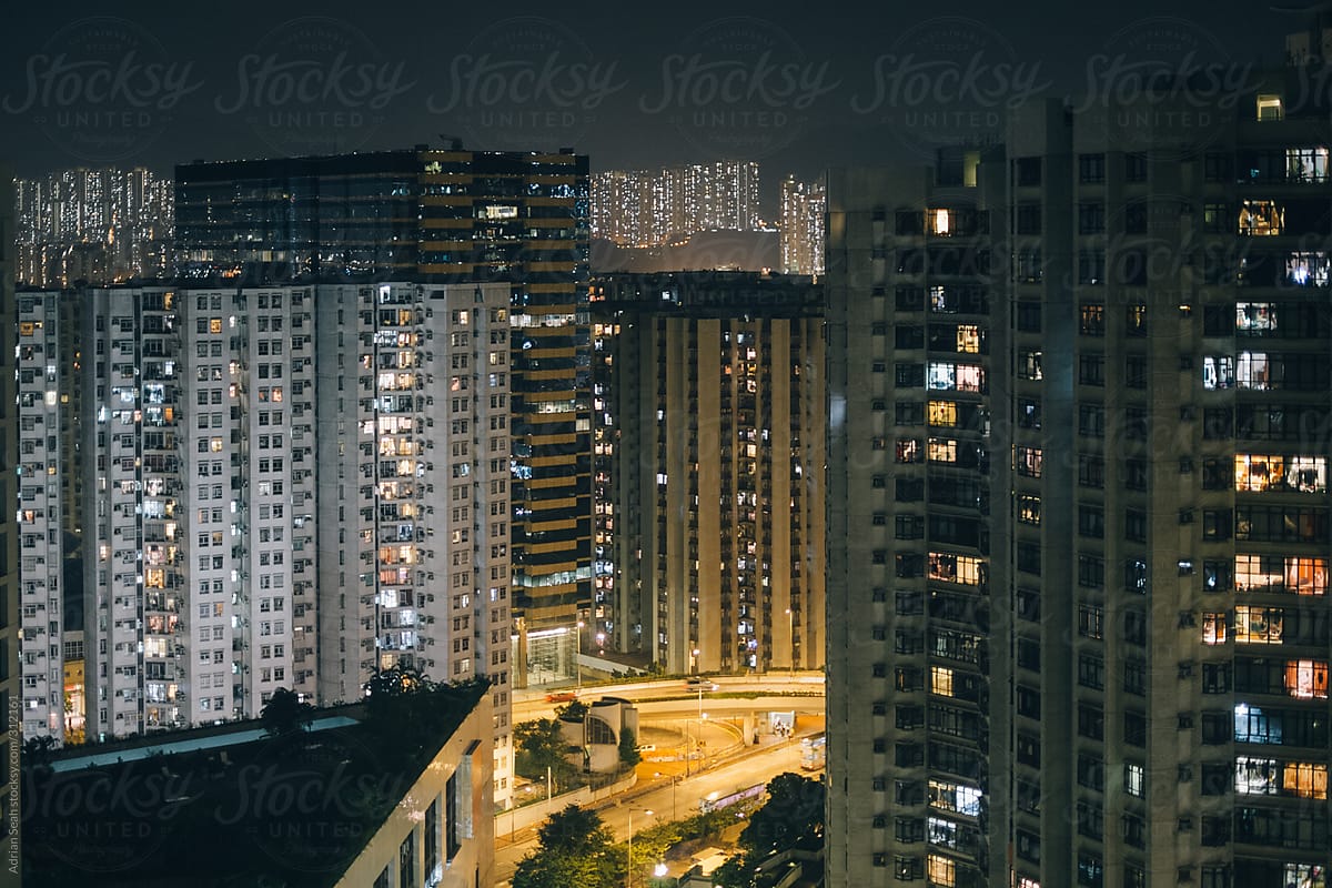 Tall Residential Buildings in Hong Kong at Night