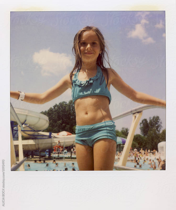 Girl Standing On A Diving Board At A Waterpark Photographed With Expired Polaroid Film