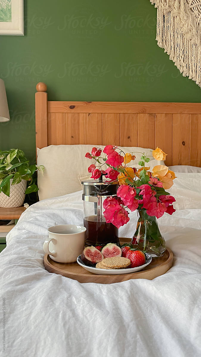 A tray with breakfast in bed