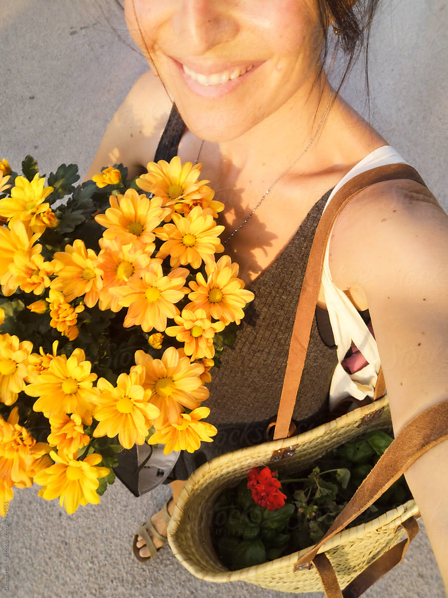 UGC, User-generated content, Woman selfie portrait with flowers