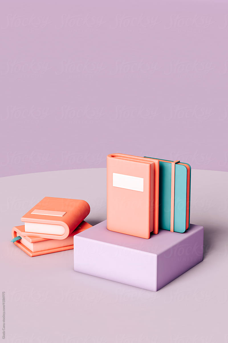 3d render of colorful books collection on purple