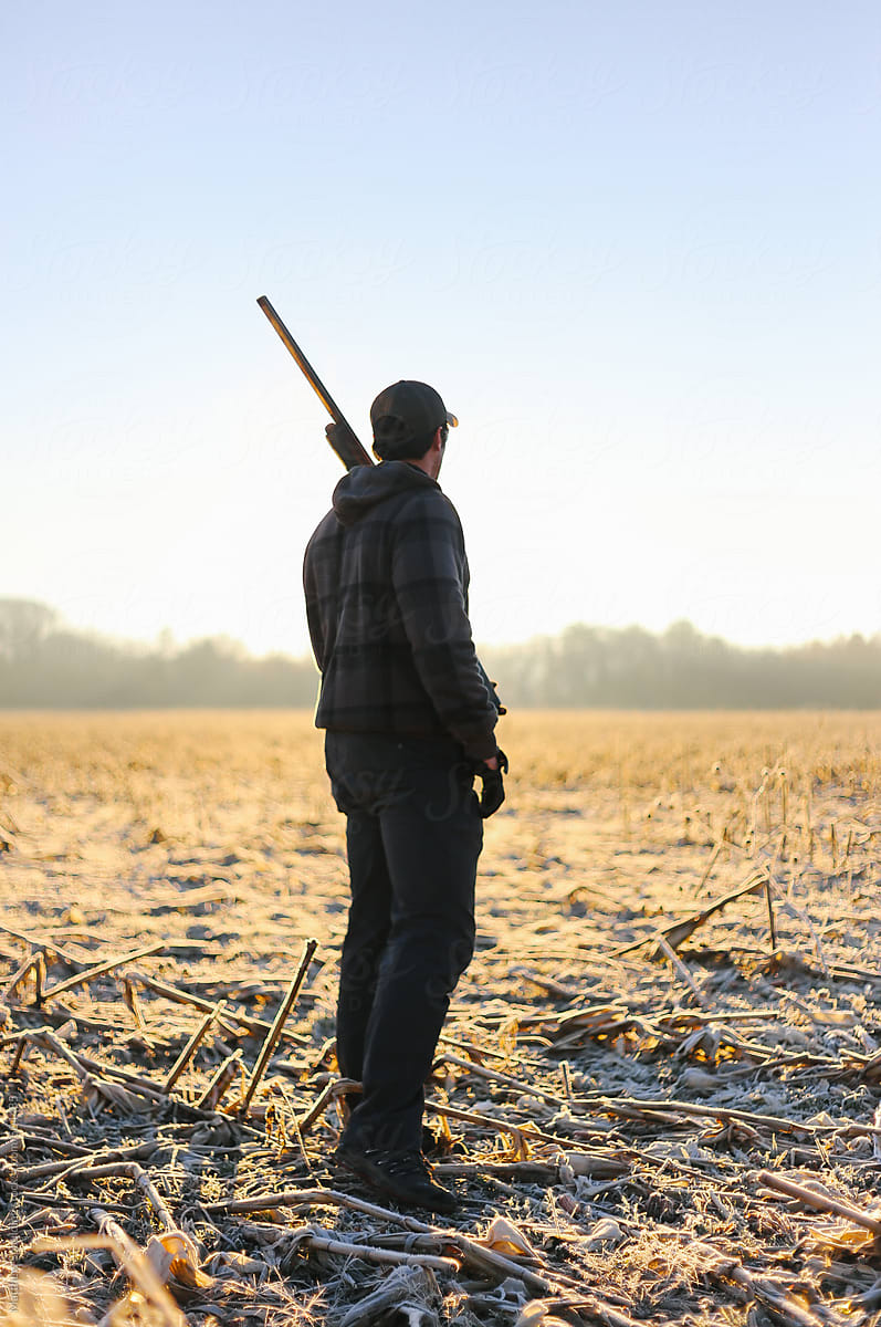 Person With Shotgun Standing In Frost Covered Corn Field On Winter