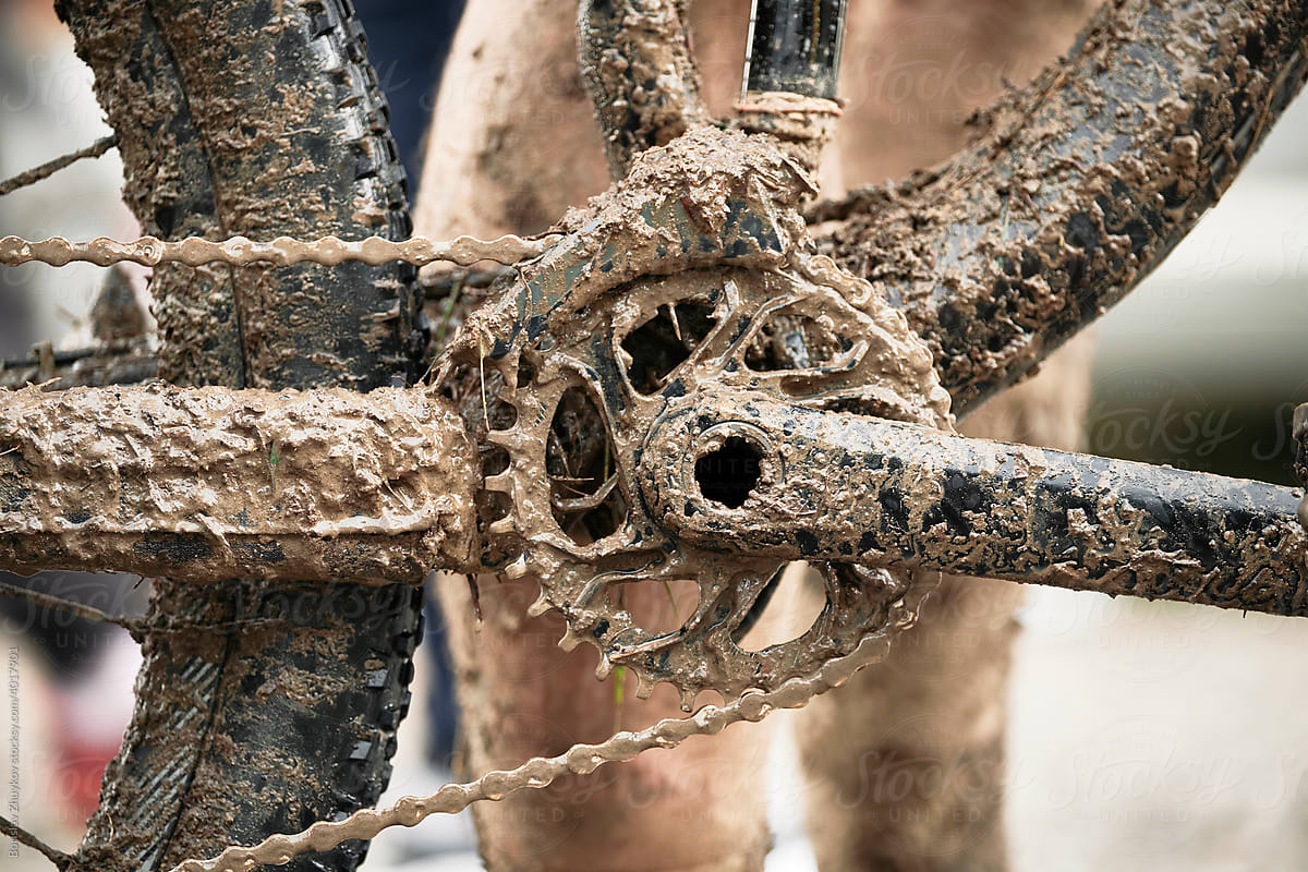 Mountain bike transmission covered with mud and dirt