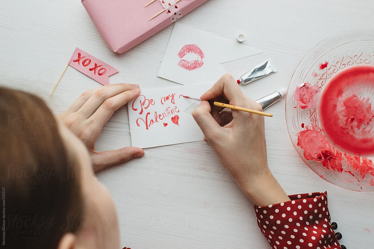 Woman Painting Romantic Cards For Valentine\'s Day