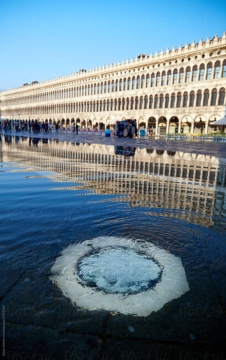 High tide seawater inundates Venice square, flood waters