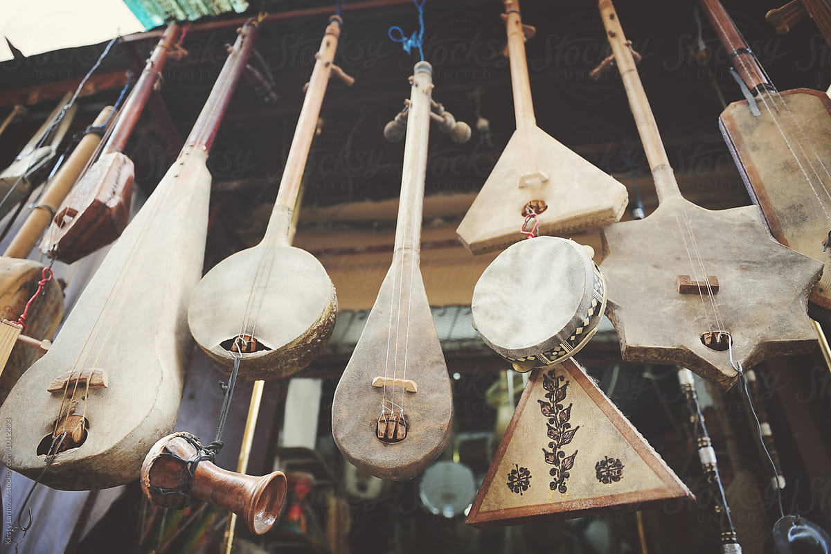 Musical instruments for sale in a souk in Morocco
