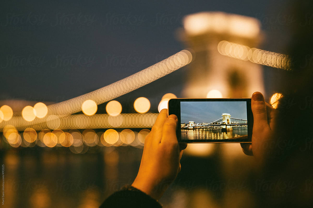 Taking a picture of chain bridge in Budapest