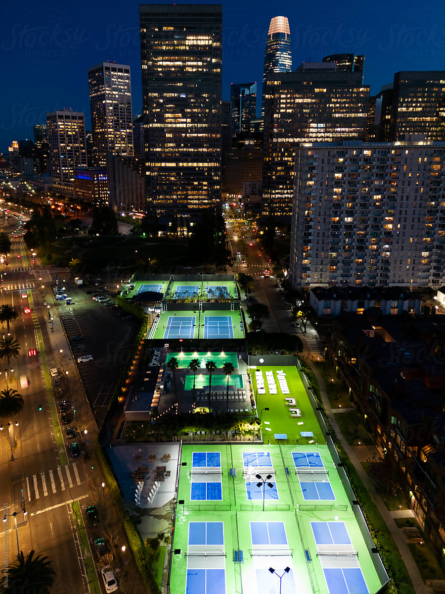 San Francisco Financial District and Pickleball courts at night