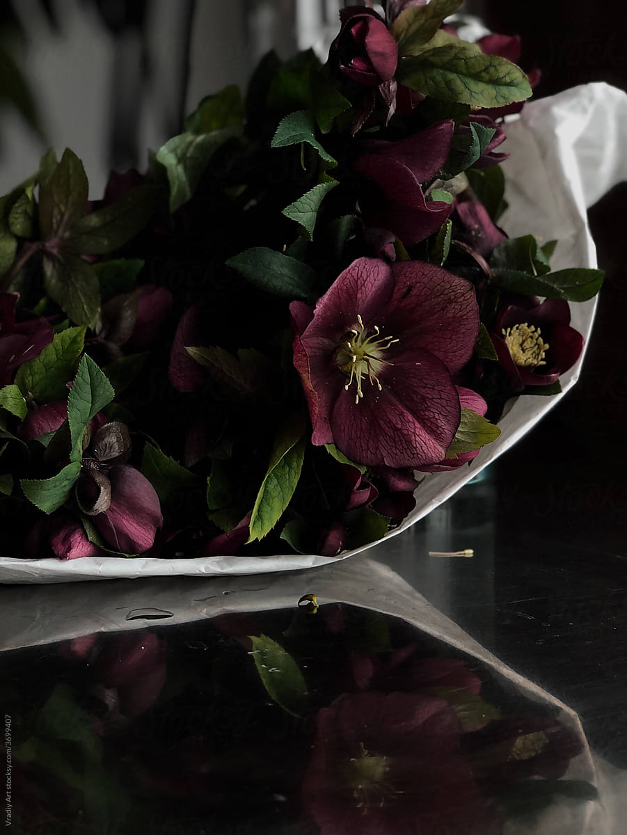 Bouquet with dark burgundy flowers on the tablr