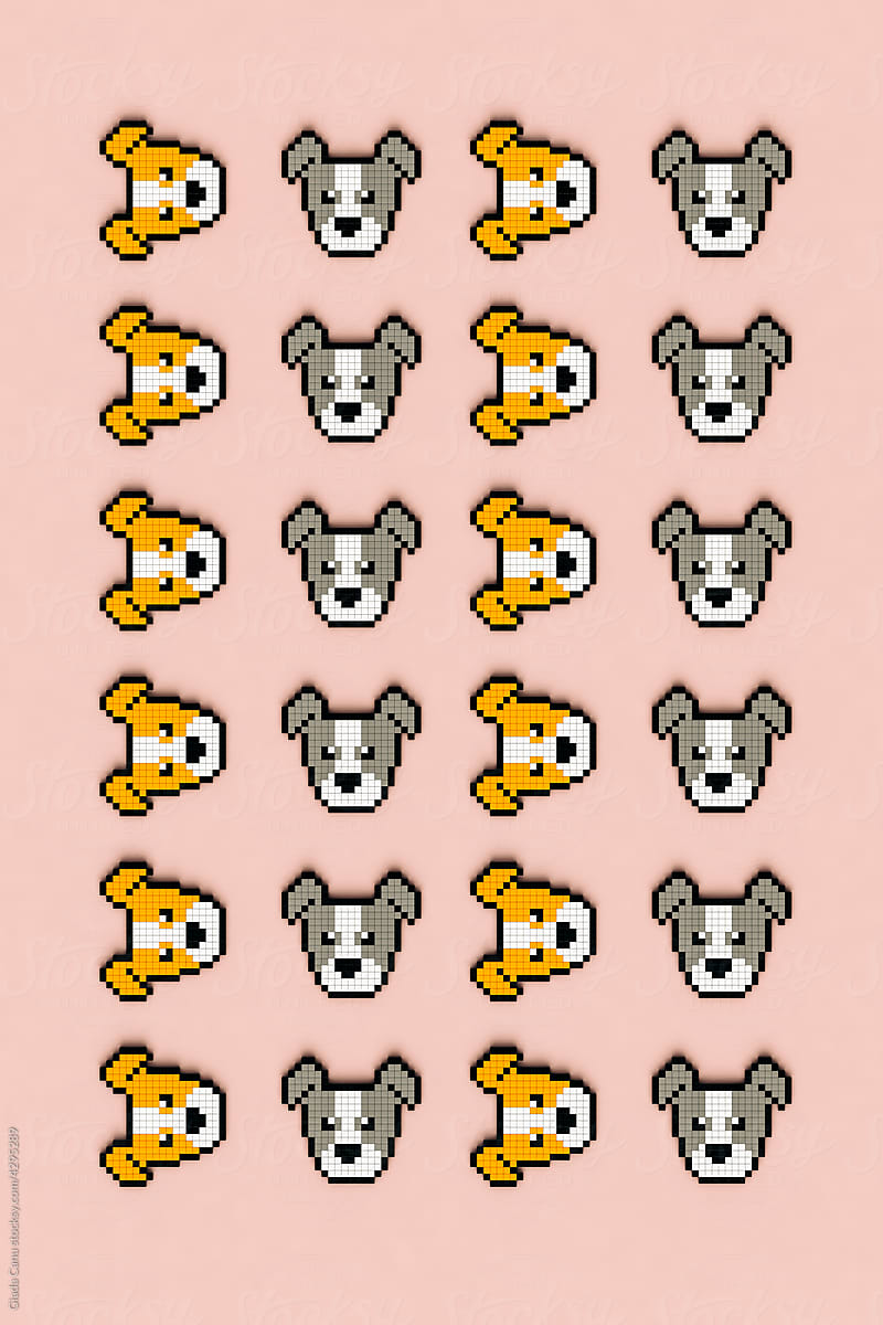 top-down view of Pixelated dogs on pink background
