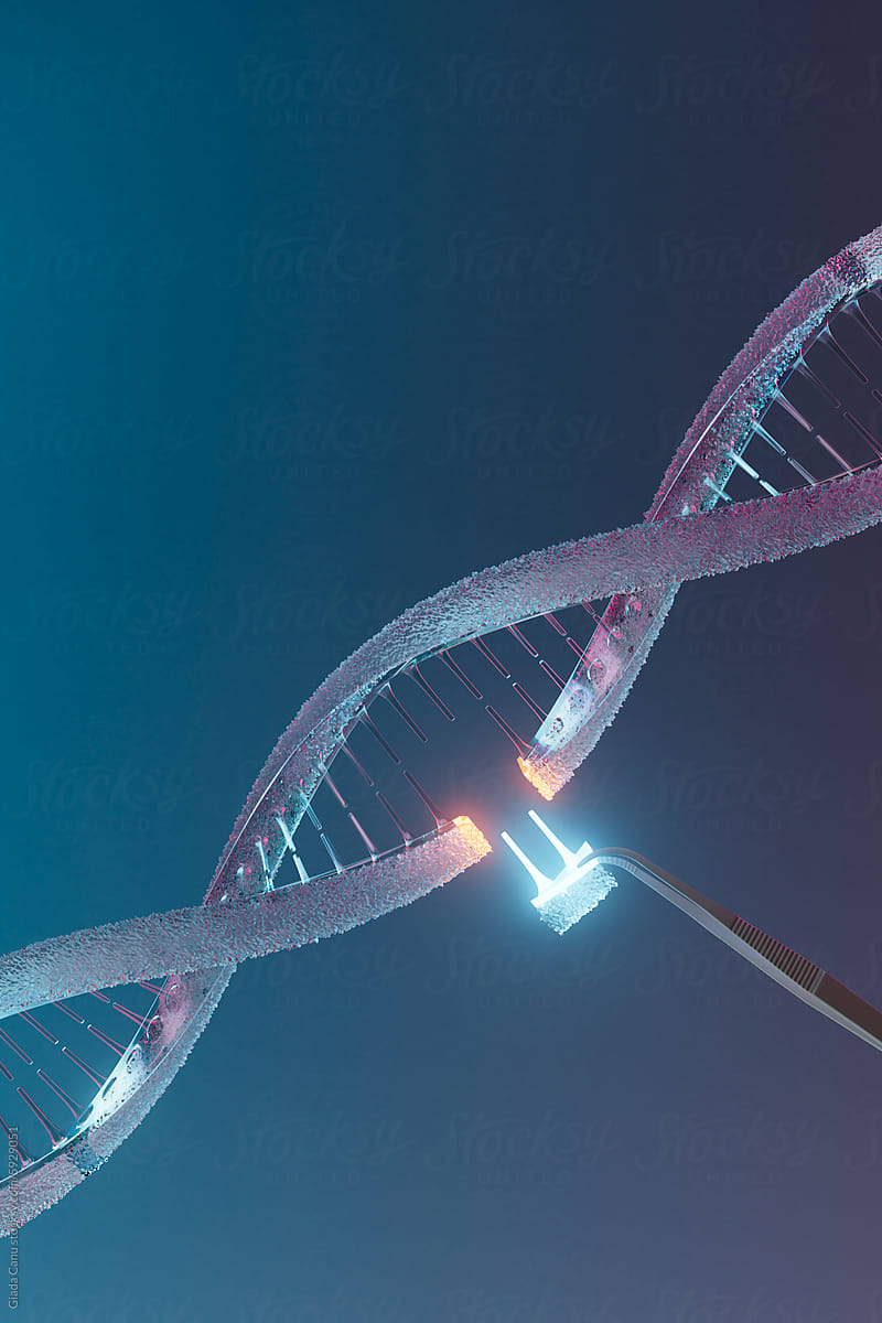 3D Render of Abstract DNA Strand and Gene Editing Tool