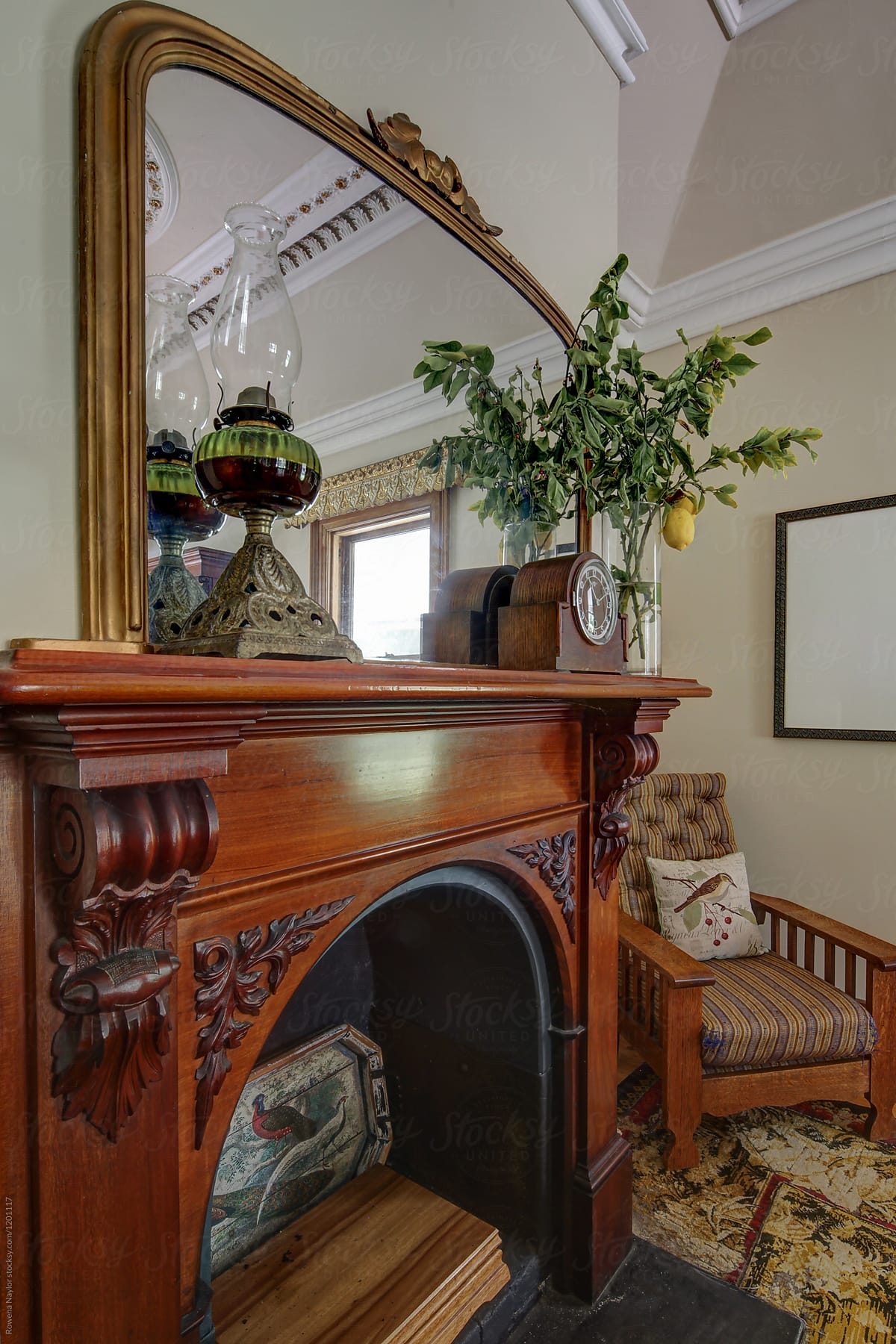 Fireplace in formal dining room of Victorian Homestead