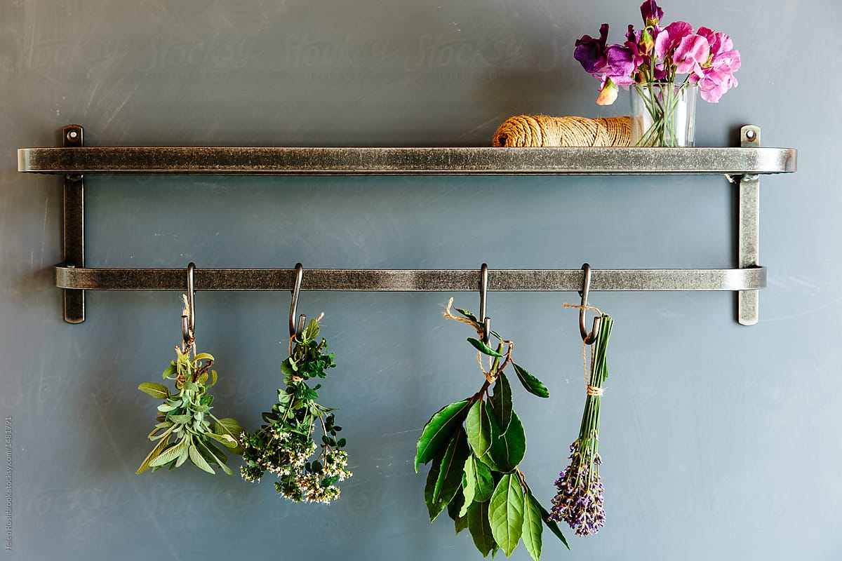 Bunches of fresh herbs hanging from a kitchen shelf