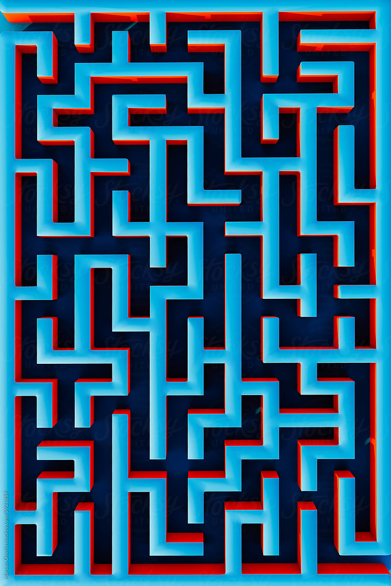 Overhead View of Blue Maze on Solid Background