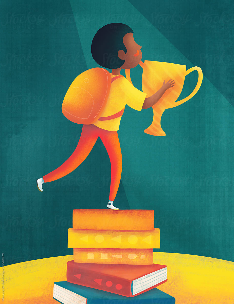 Child climbs a ladder of books receiving a cup award