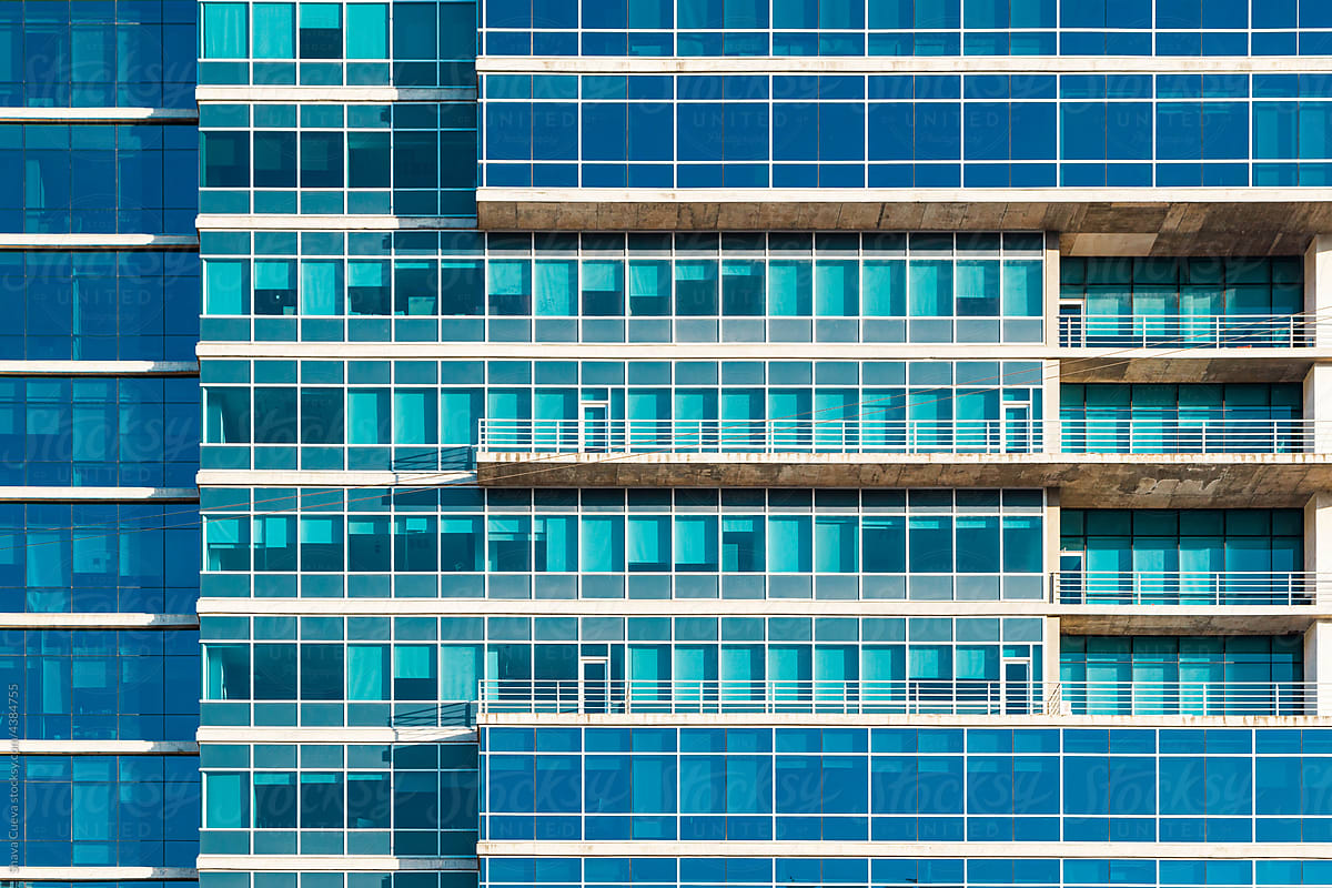 A blue glass building