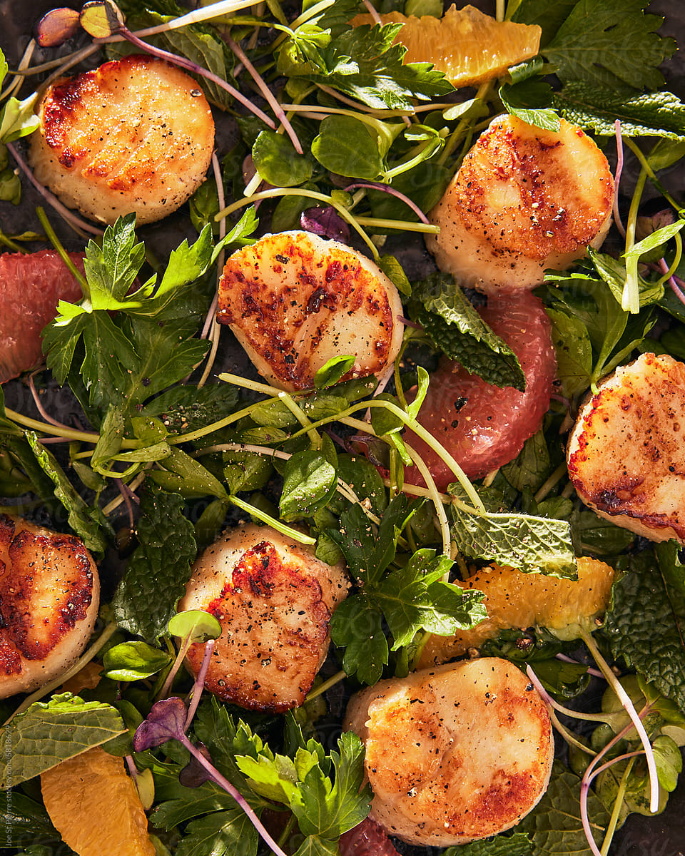Grape Fruit, Greens And Scallops