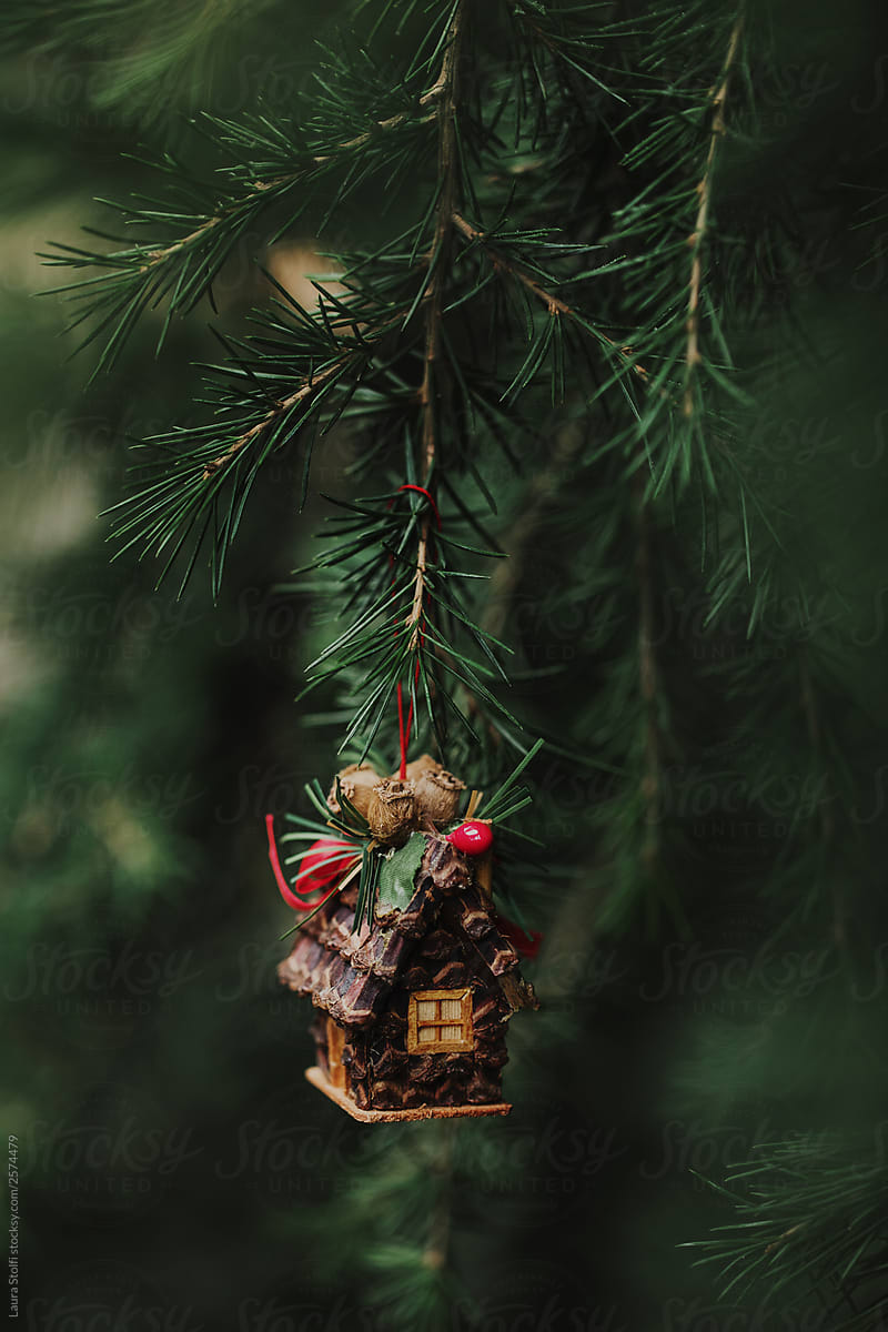 Rustic Christmas decoration on spruce tree