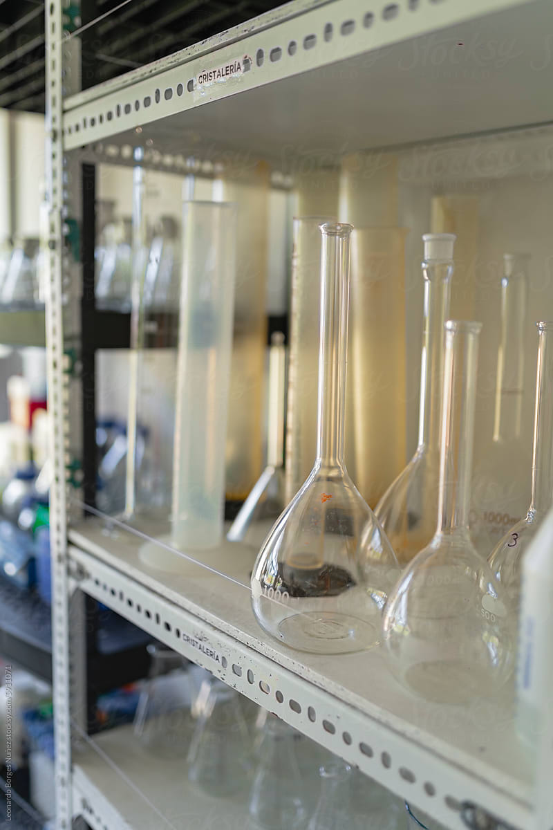 Titration flasks placed on counter in modern science laboratory