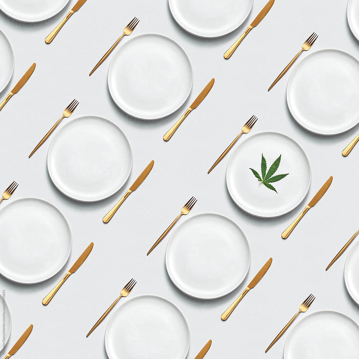 Pattern of plates and utensils with cannabis leaf