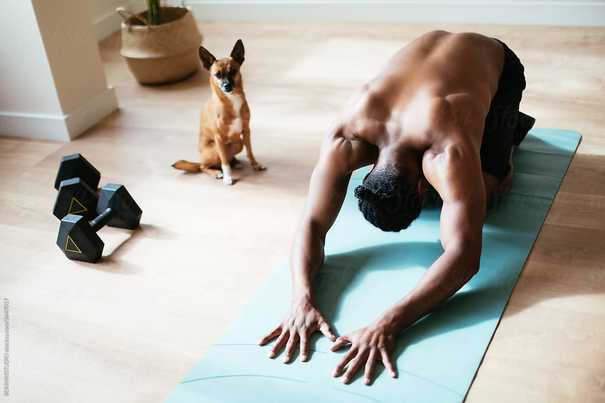Unrecognizable African American sportsman stretching near dog