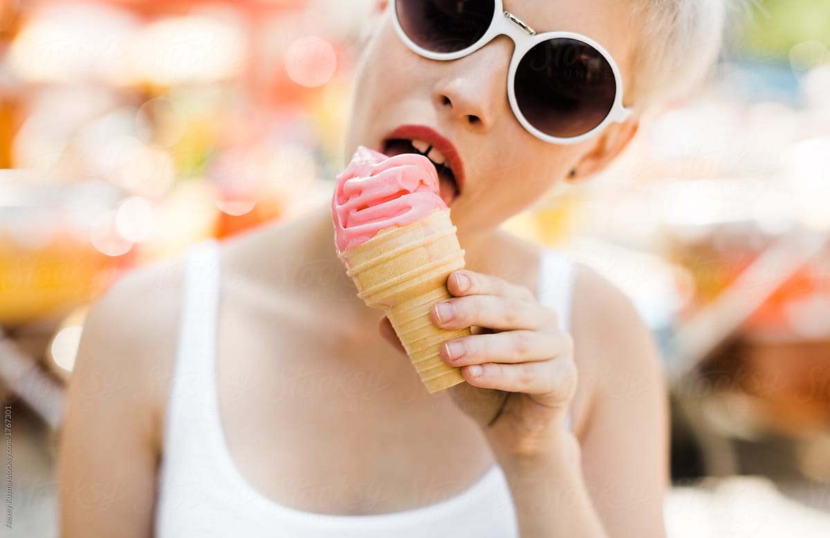 girl eating a Ice Cream, selective focus
