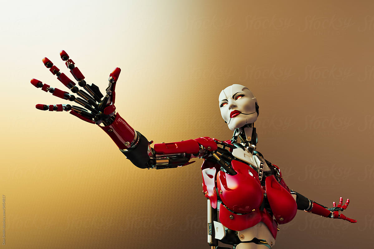 Female cyborg with outstretched hand reaching