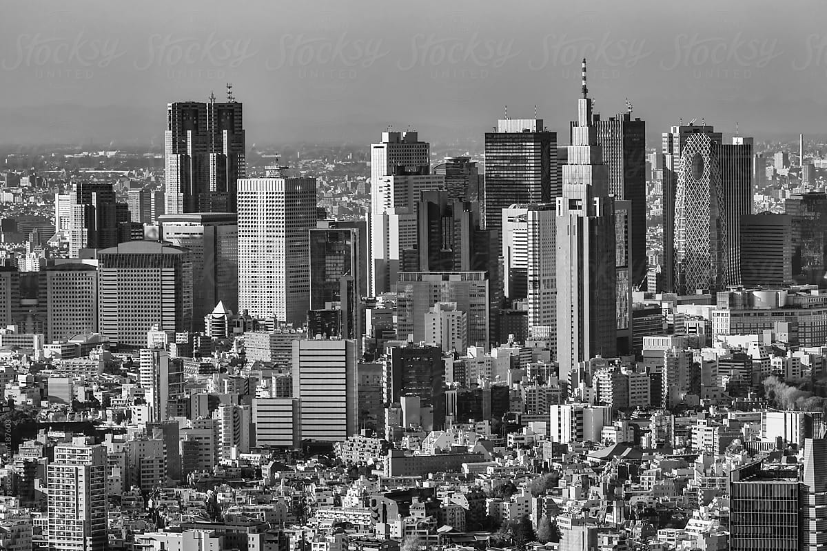 Black and White Panorama of Tokyo with Skyscrapers in Shinjuku Ward (Japan)