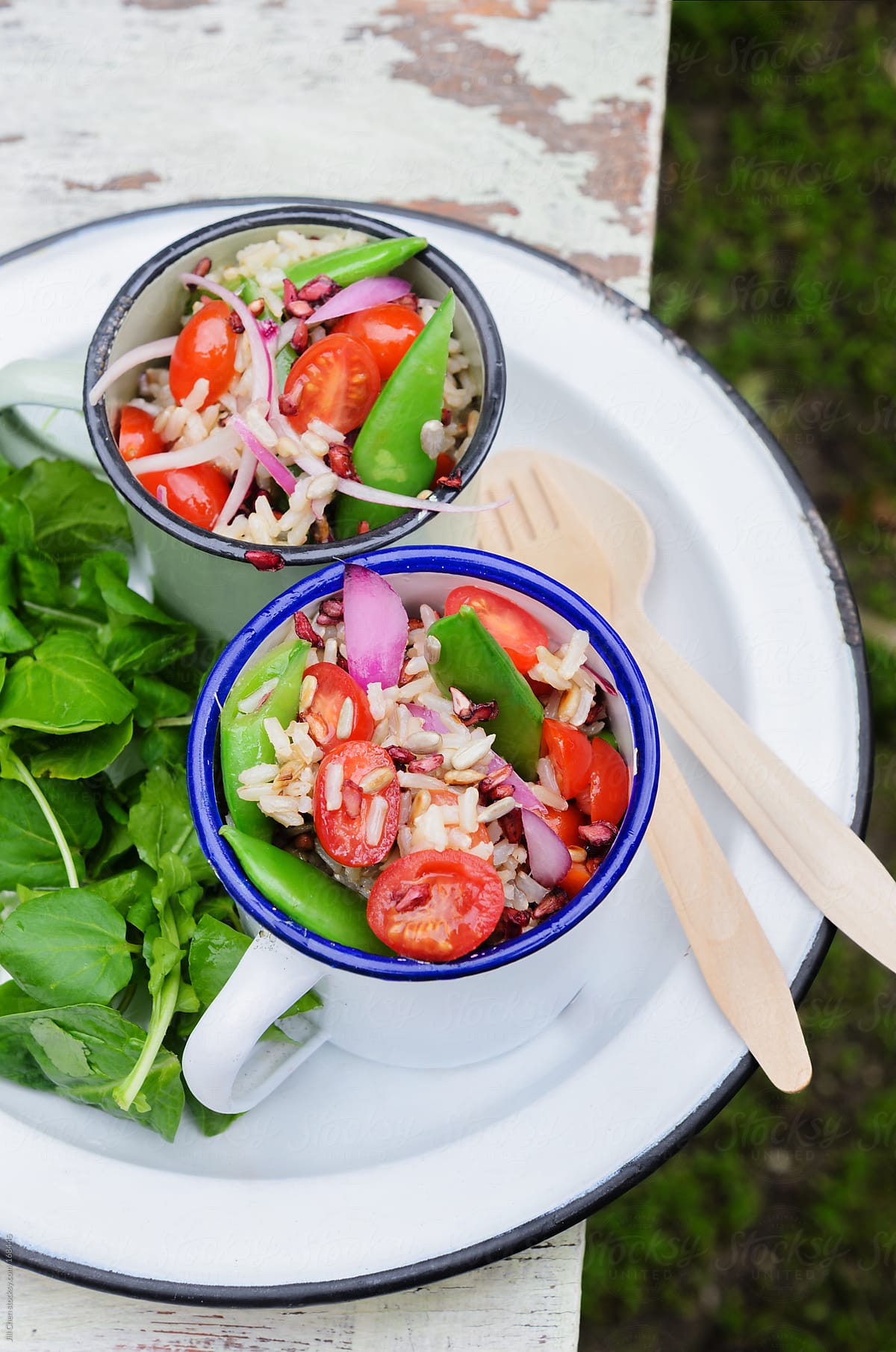 Light healthy lunch rice salad outdoors