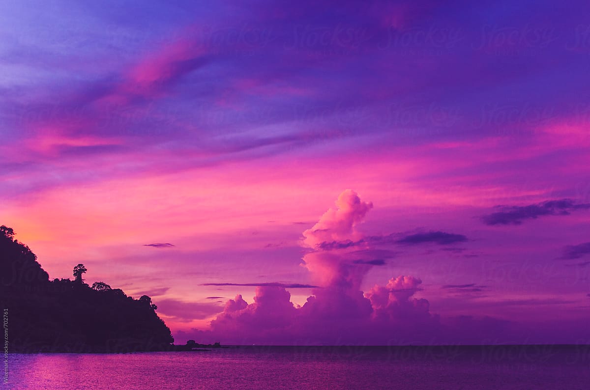 Beautiful, serene, tropical, purple sunset over Thailand's islands by ...