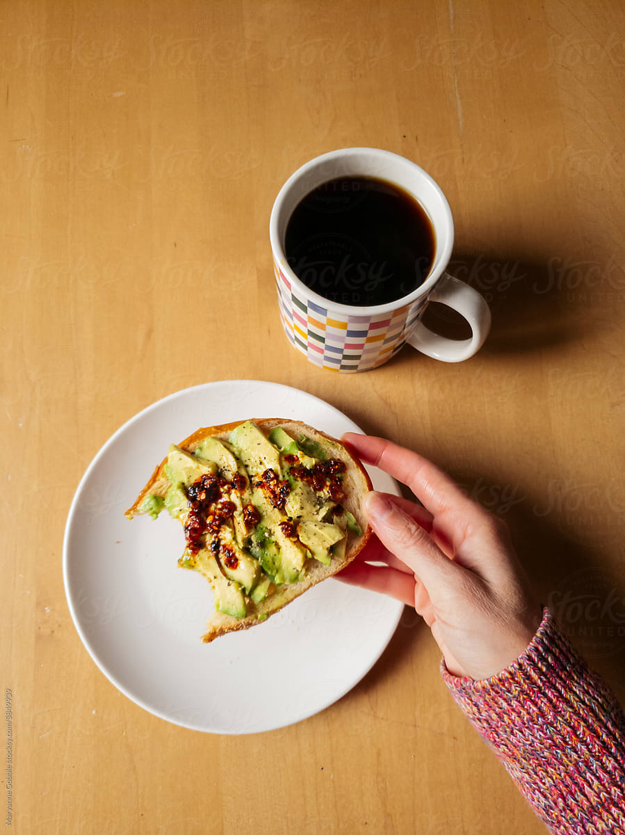 POV Healthy Breakfast at Home Avocado Toast and Coffee