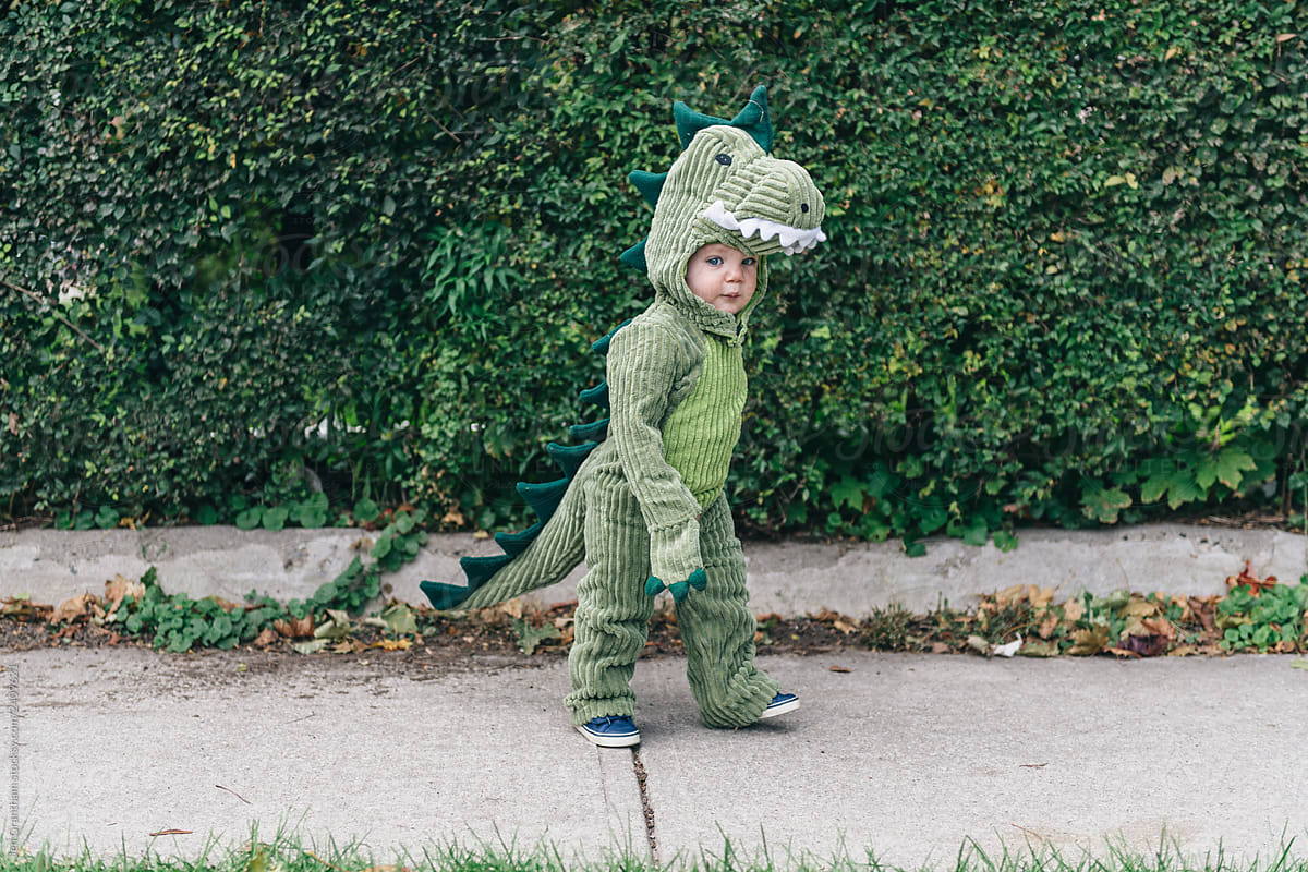 Toddler in a dinosaur costume walking down the sidewalk