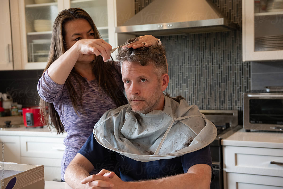Home Haircut, Wife Cutting Husband\'s Hair