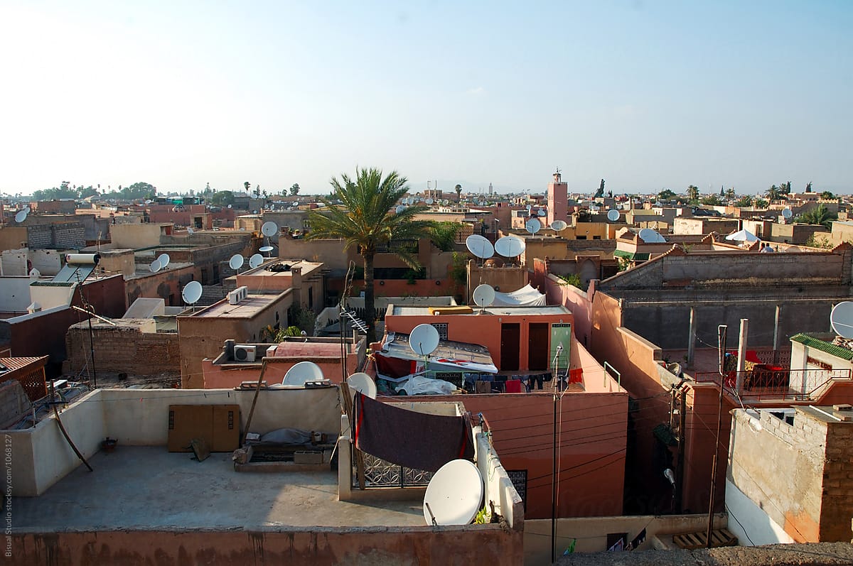 Multiple satellite dishes above the roofs of the medina, Marrakech
