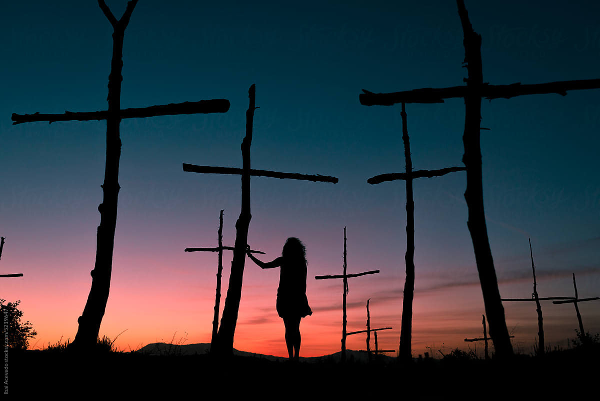 Woman silhouette feeling pain for dying nature