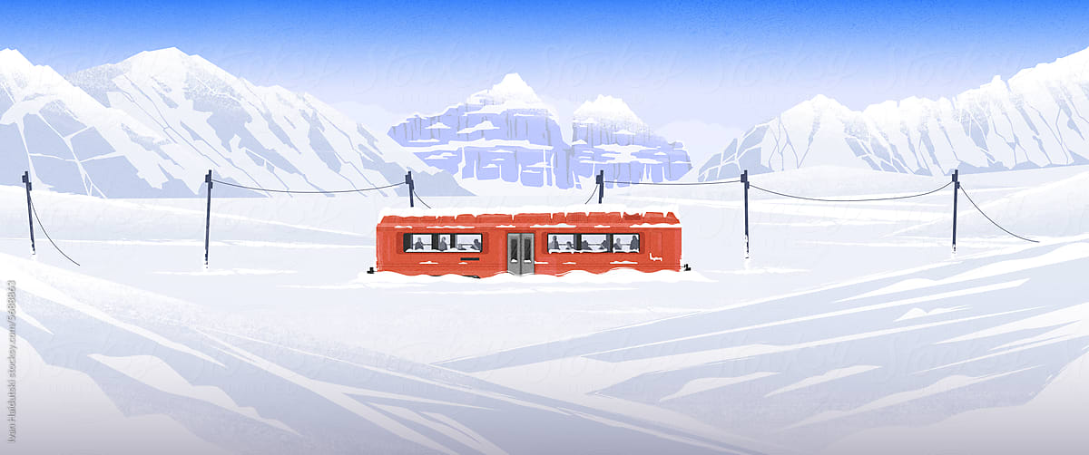 broken train with passengers by snowy mountain, isolated winter nature
