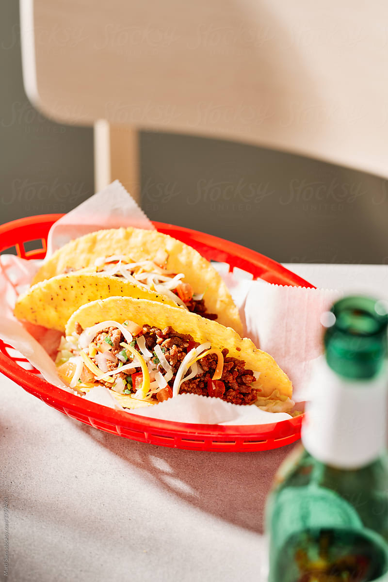 Tex Mex tacos served on table in Mexican cafe