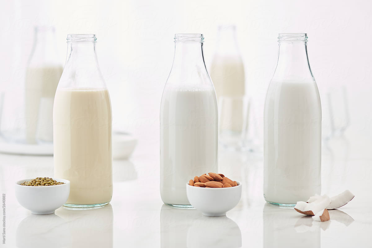Ingredients and bottles of lactose free milk