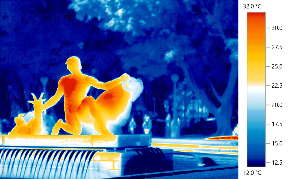Urban heatwave, thermal imaging of city park bronze sculpture fountain