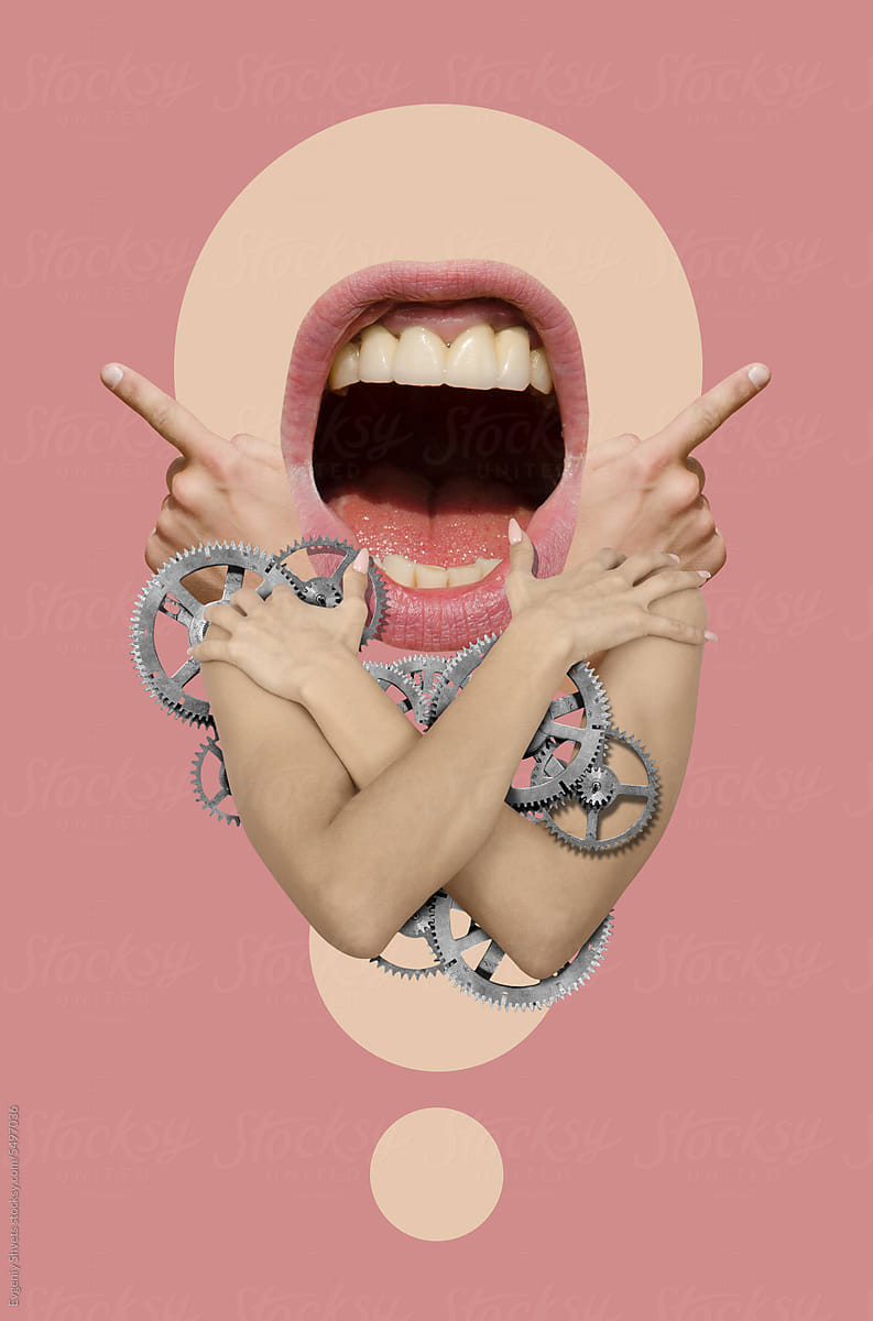 Collage art in Dada style with mouth and hands