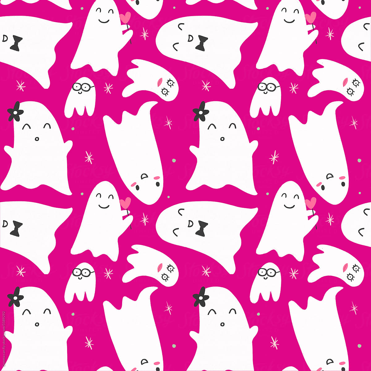 Spooky cute ghost seamless pattern. Halloween illustration.