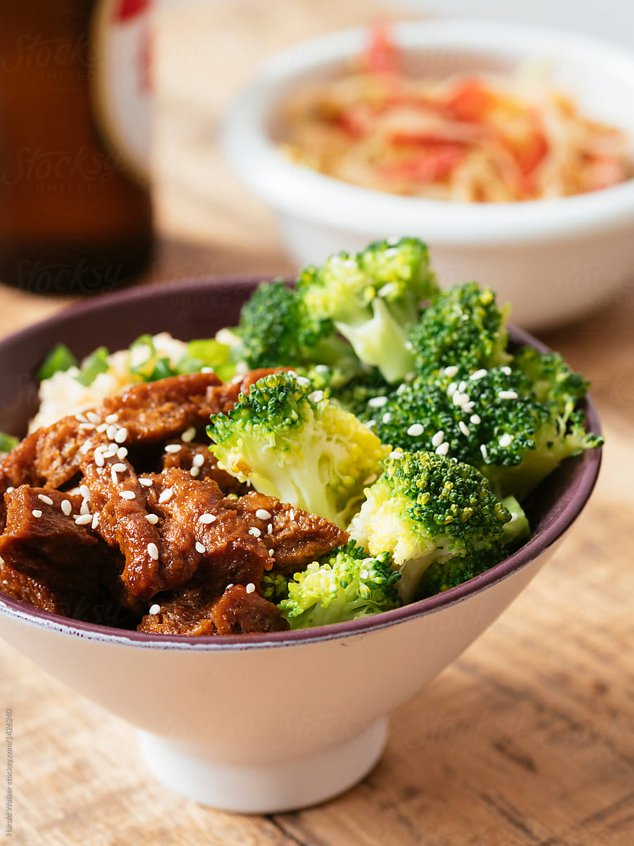 Korean-style Marinated TVP, Broccoli Bowl