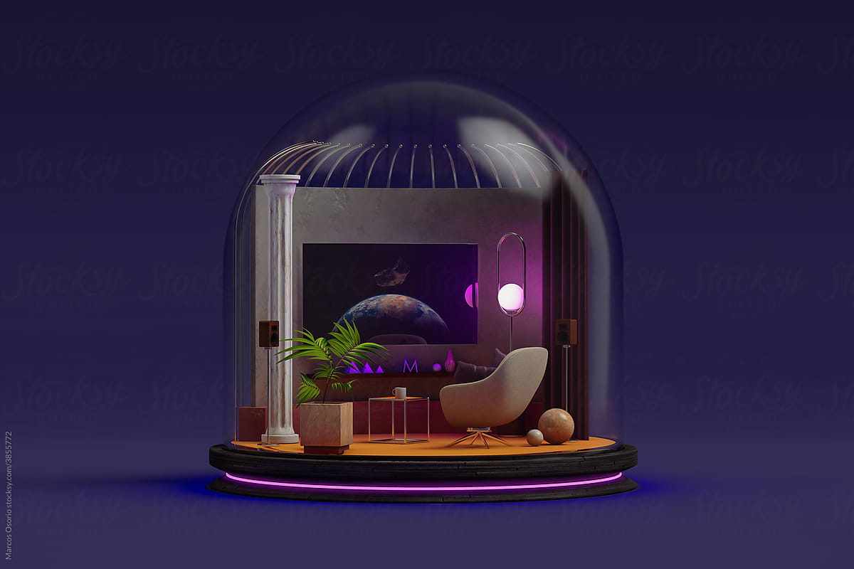 Interior of a living room with television protected by a glass dome