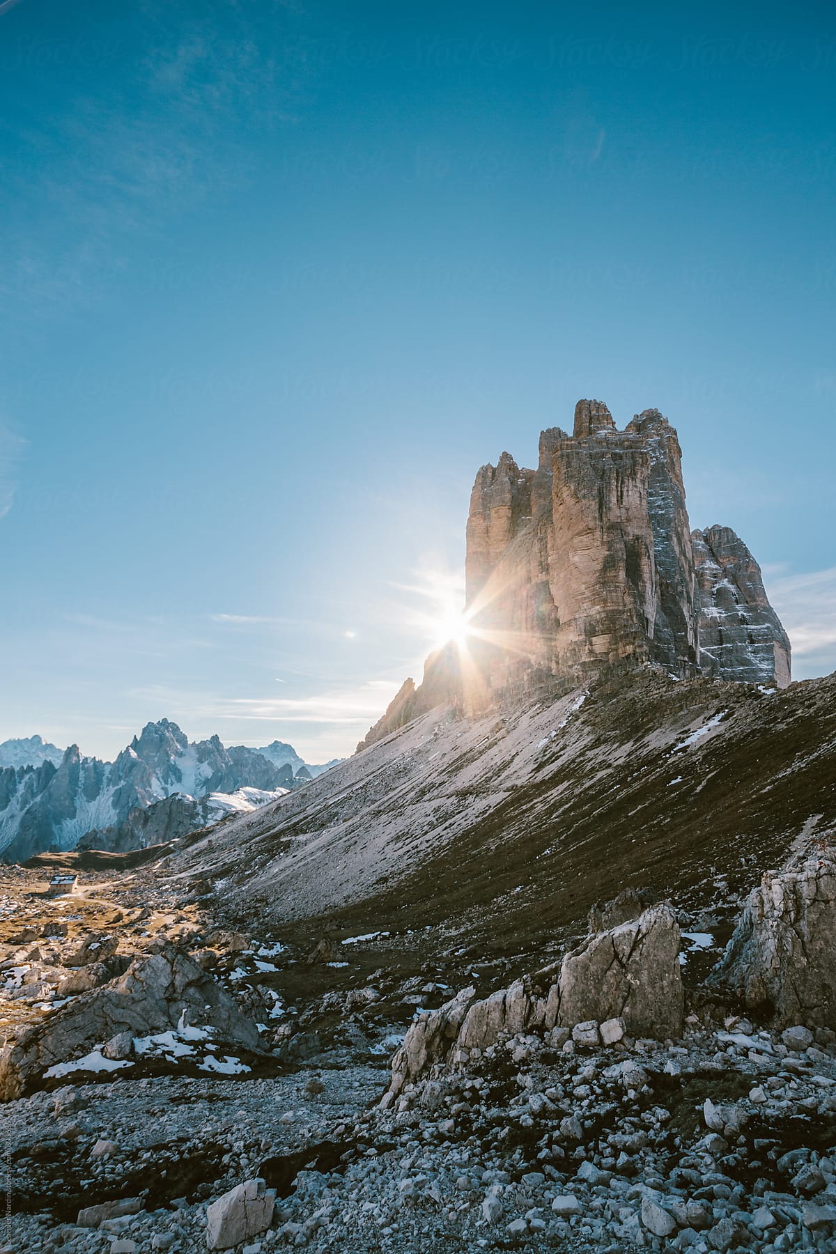 sunset at the famous three pinnacles in the italian alps