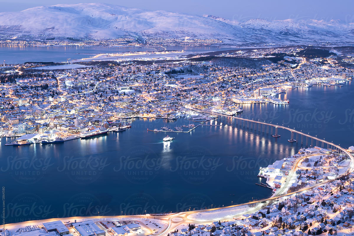 Aerial view of Tromso at sunset