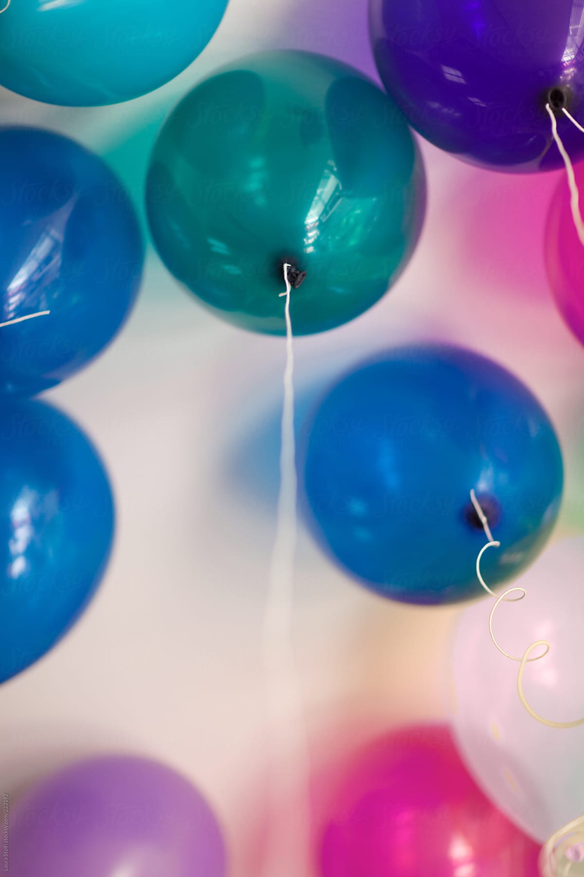 Blue, magenta, purple balloons floating and seen from below