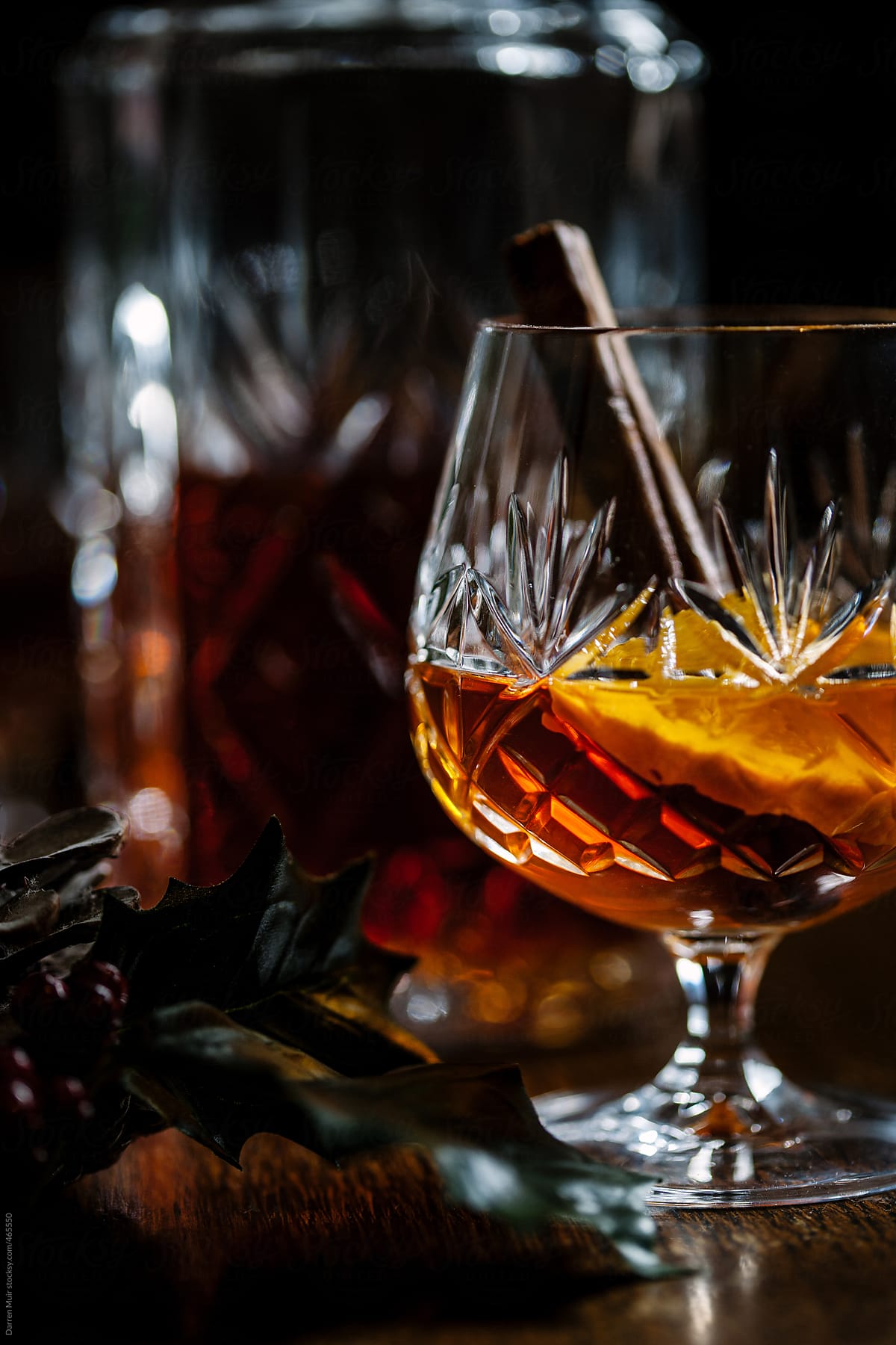 Closeup of a glass of brandy  liqueur.