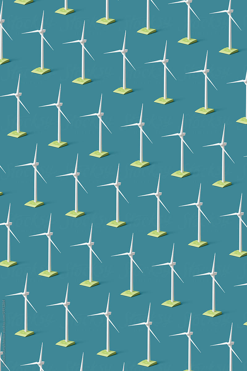 Seamless pattern of windmills in diagonal rows on blue background