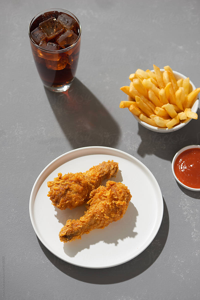 crispy fried chicken, french fries, and soft drink